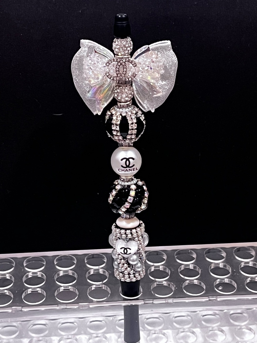Hand crafted Designer Inspired silver and black bow decor fancy beaded pen